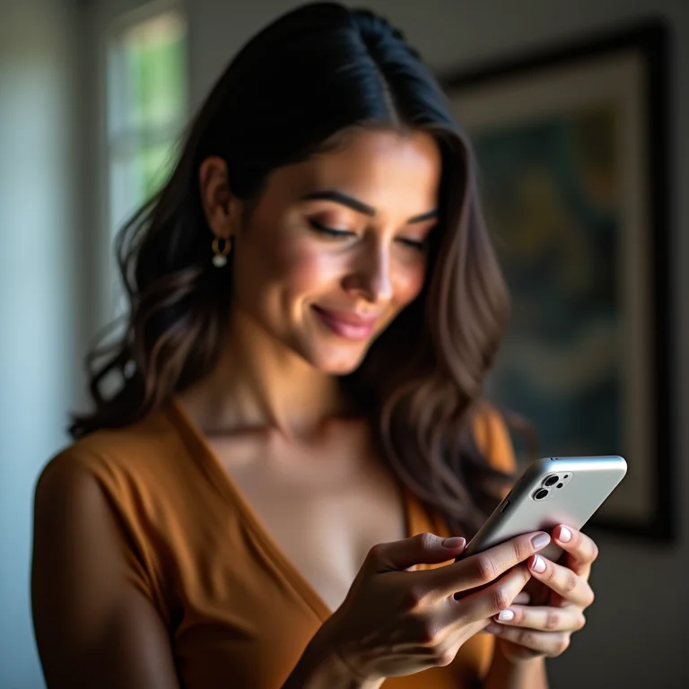 Mulher latina pesquisando reputação de um site em avaliações online