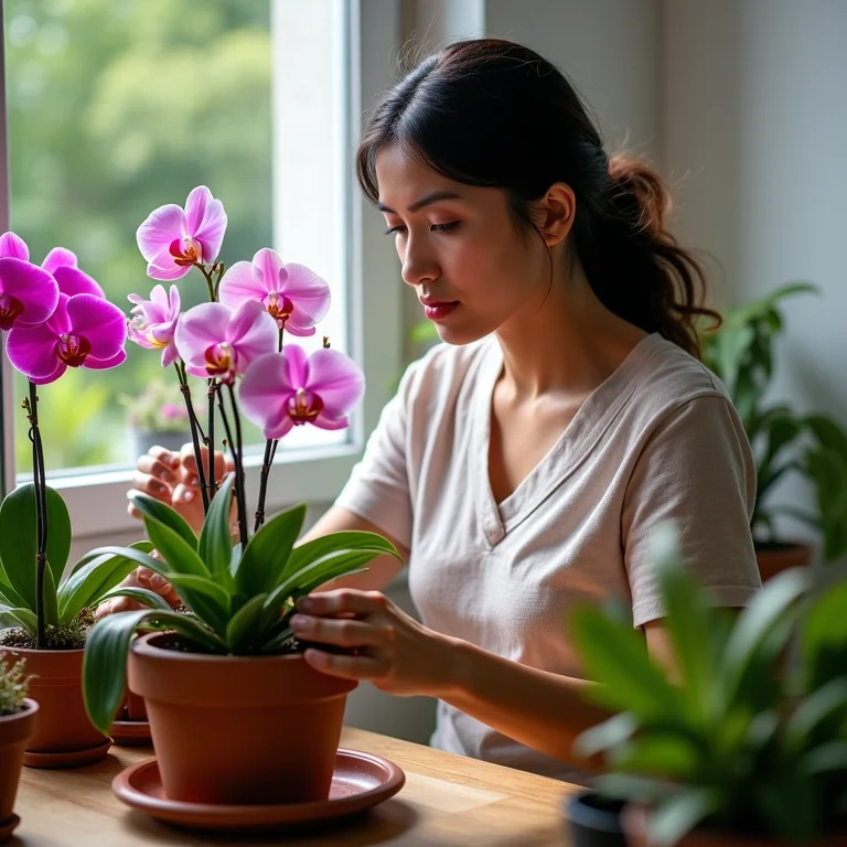 Mulher latina plantando flores coloridas.