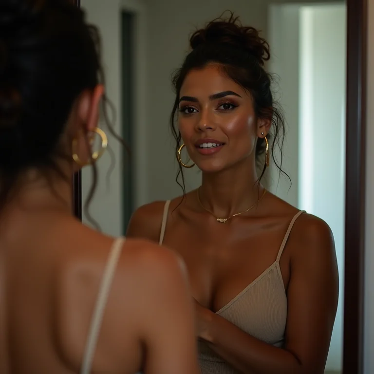 Mulher latina praticando seu discurso em frente ao espelho