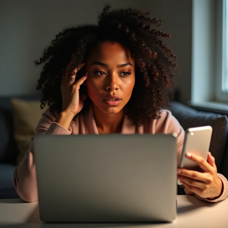 Mulher latina preocupada com as questões de segurança ao espelhar a tela.