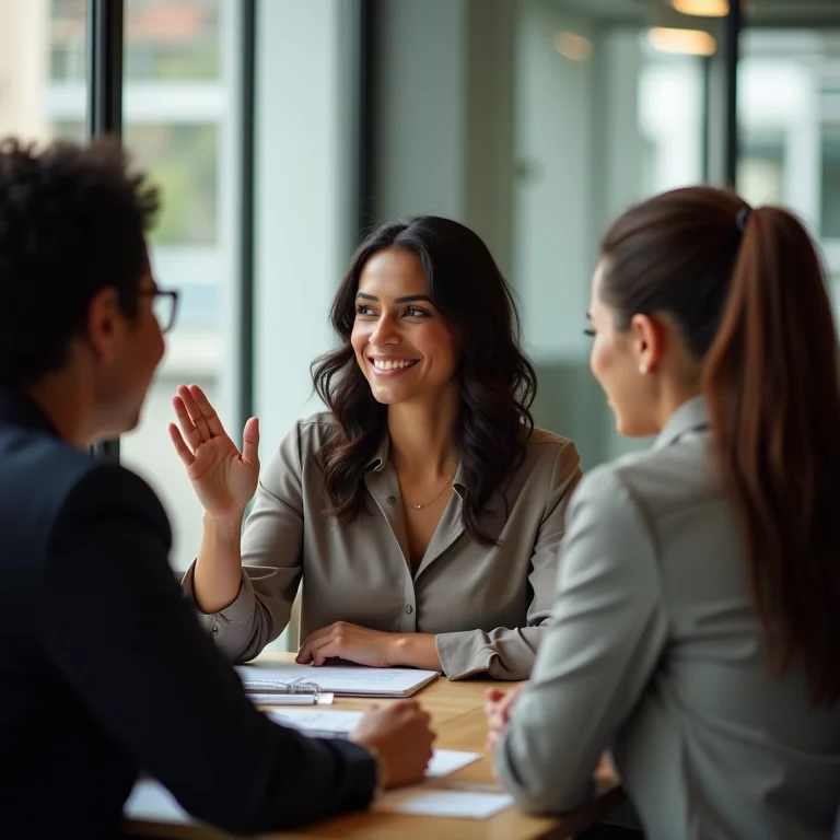 Mulher latina recebendo feedback positivo de colegas