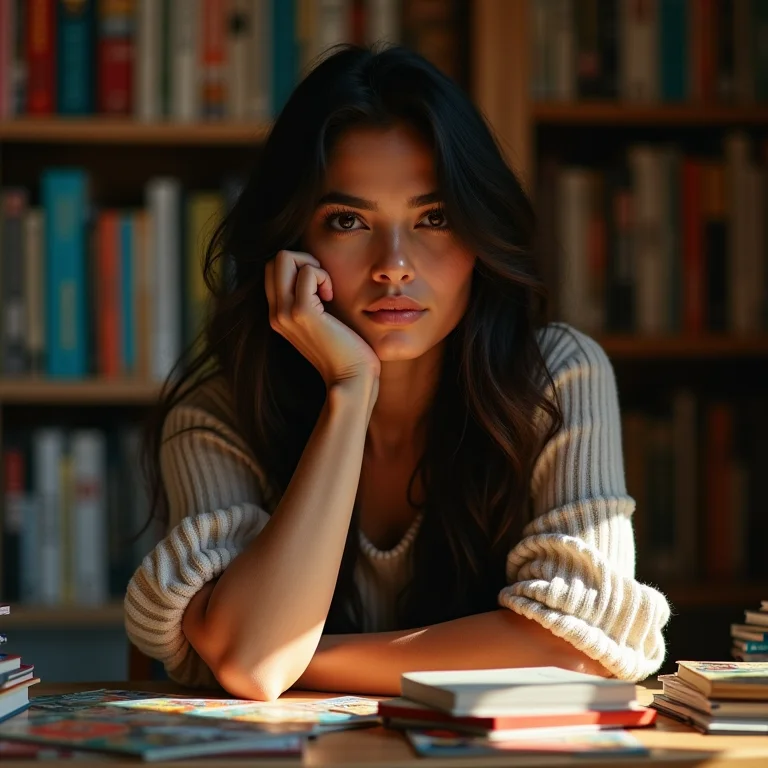 Mulher latina refletindo sobre o universo dos super-heróis independentes.