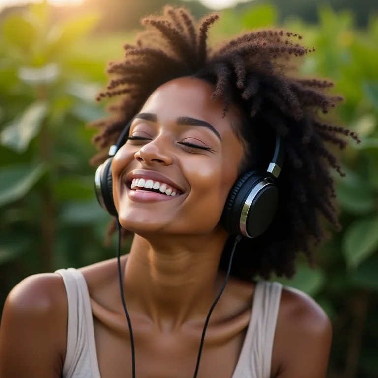 Mulher latina relaxando com sons da natureza