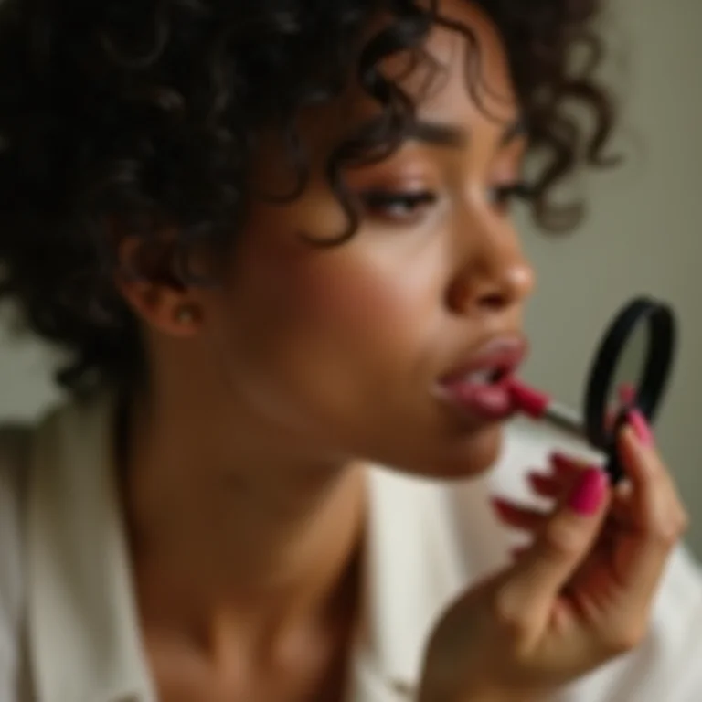 Mulher latina retocando o batom em um espelho compacto.