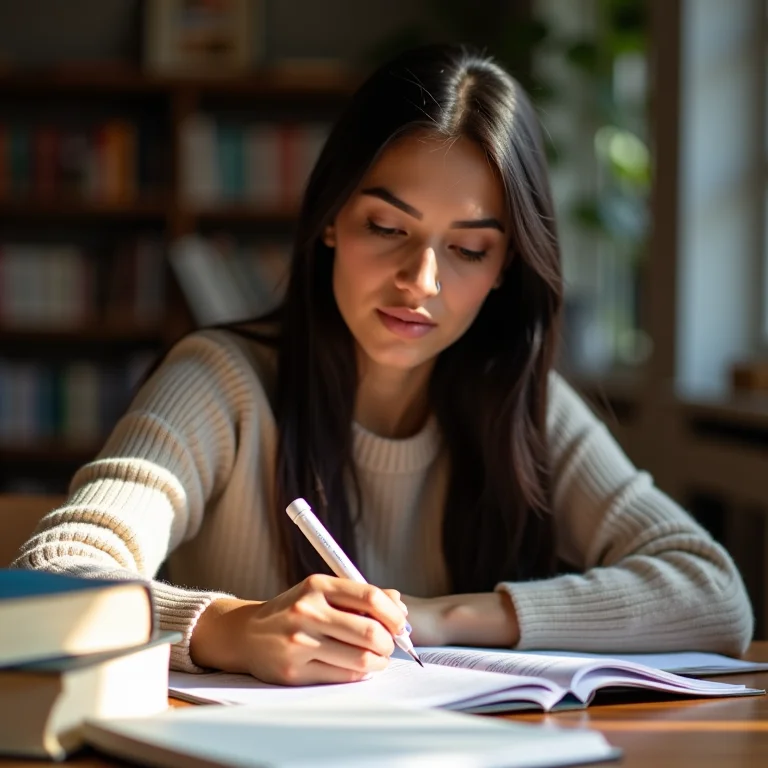 Mulher latina revisando anotações importantes para o concurso.