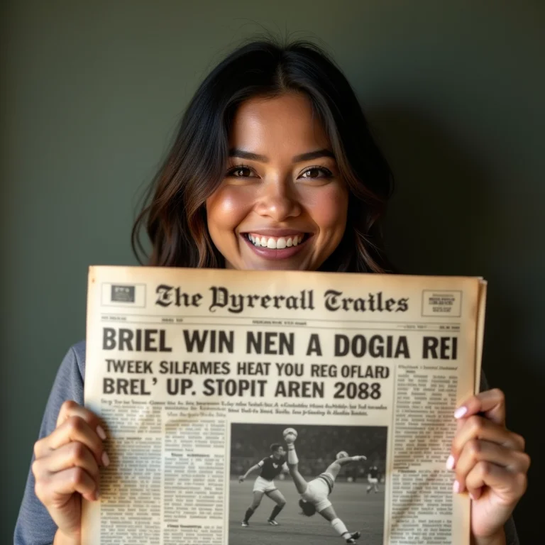 Mulher latina segurando jornal antigo com manchete do bicampeonato