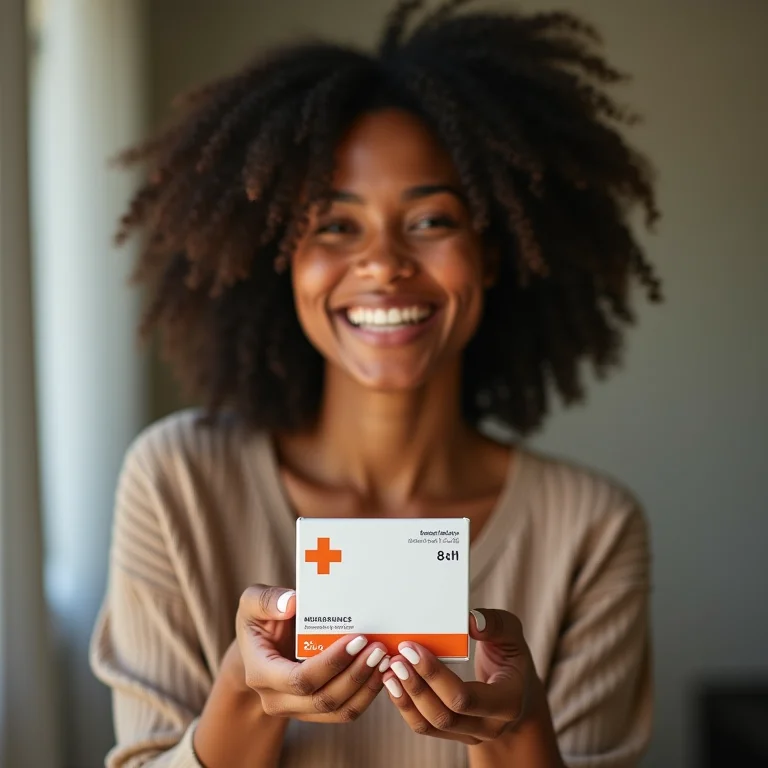 Mulher latina segurando remédio genérico sorrindo