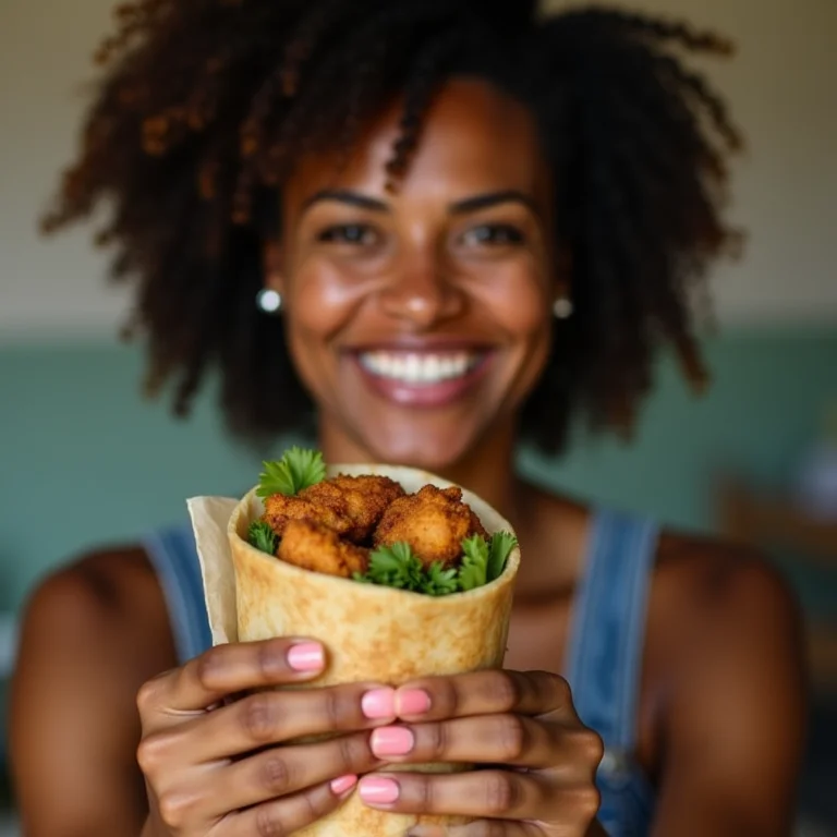 Mulher latina segurando wrap de frango