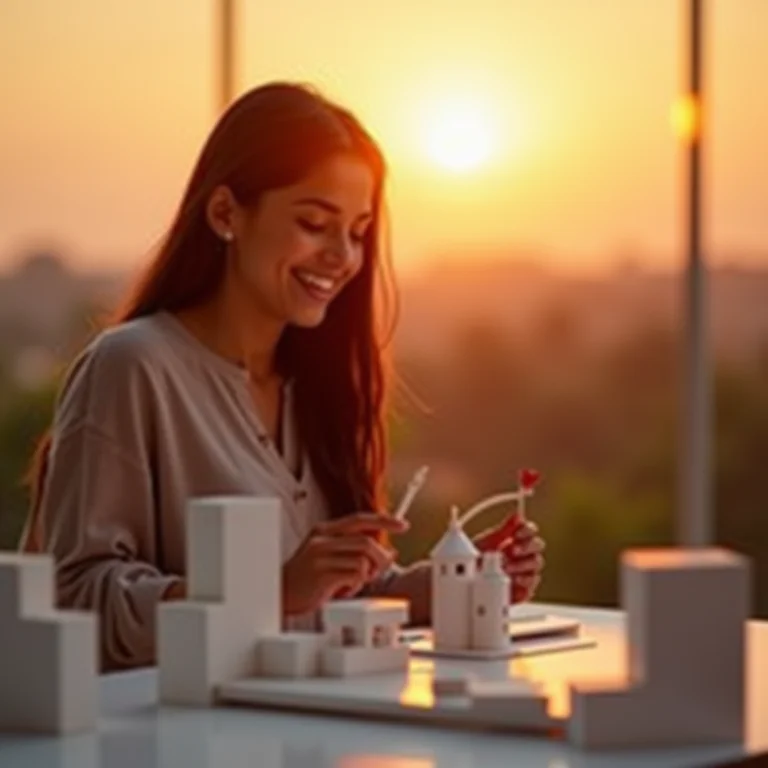 Mulher latina sorrindo ao revisar modelos arquitetônicos