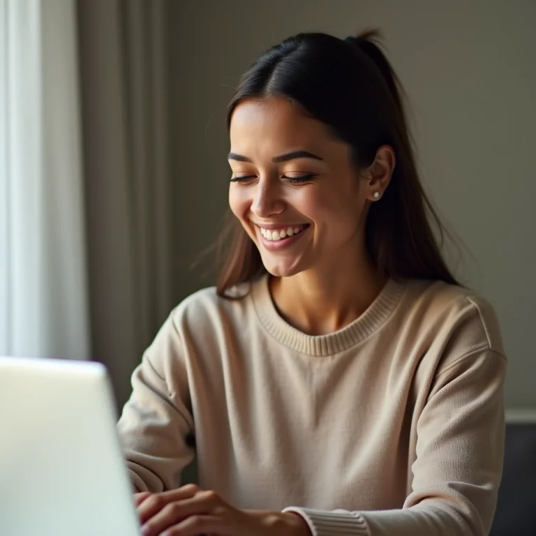 Mulher latina sorrindo ao usar o Microsoft To Do em seu laptop.