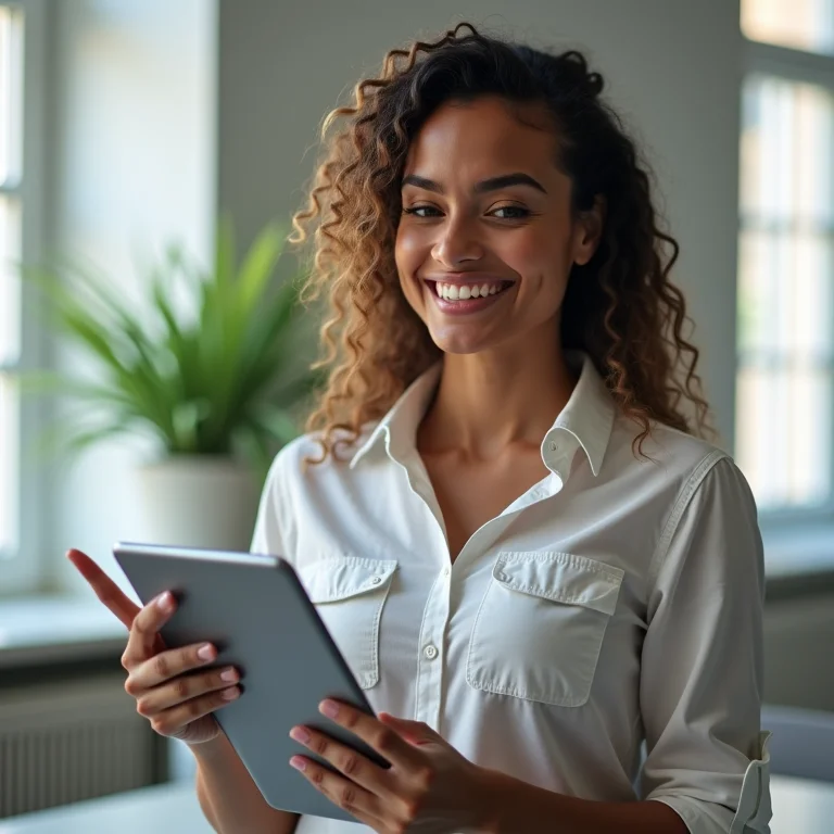Mulher latina sorrindo ao ver crescimento financeiro em um tablet.