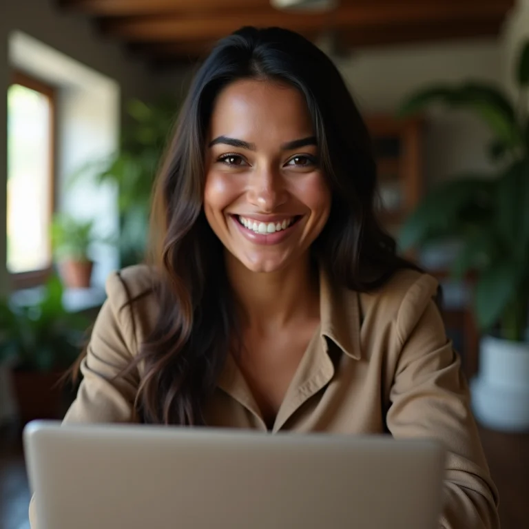 Mulher latina sorrindo após enviar seu currículo online.