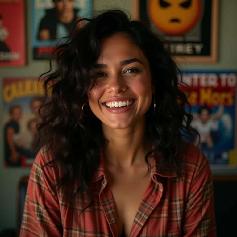 Mulher latina sorrindo cercada por posters de rock dos anos 80
