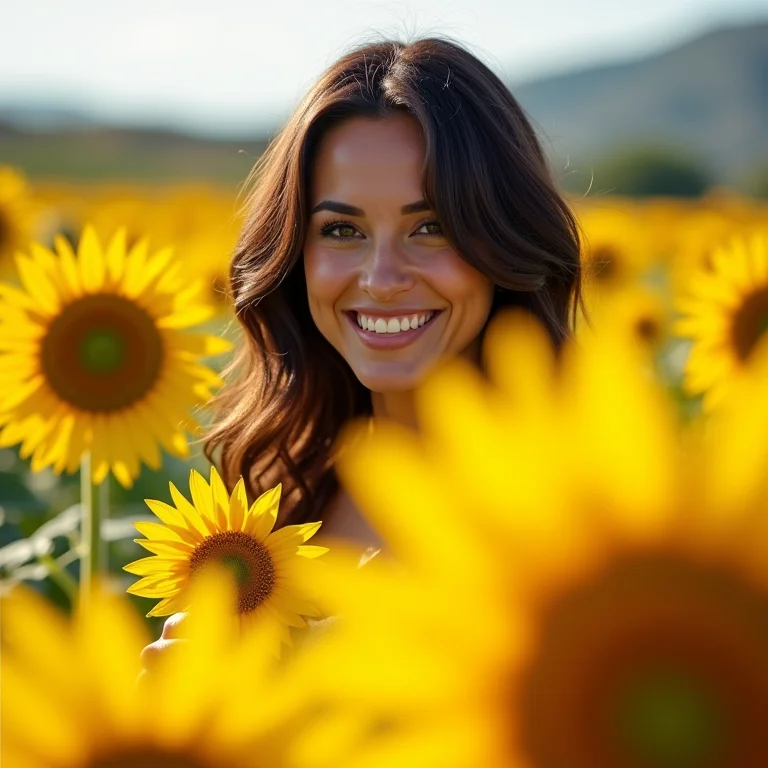 Mulher latina sorrindo com girassol, inspirada em A Vida é Bela