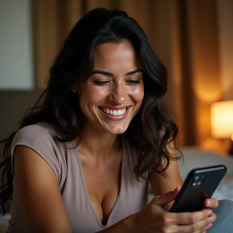 Mulher latina sorrindo durante uma chamada de vídeo com a família no quarto de hotel