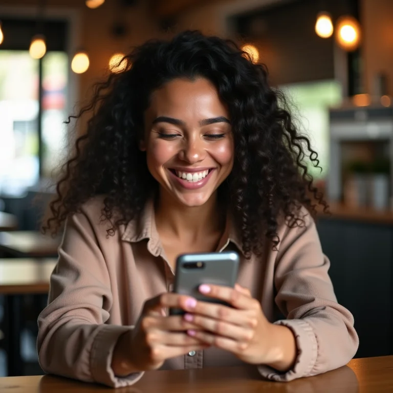 Mulher latina sorrindo e acessando seu CNPJ MEI digital no celular