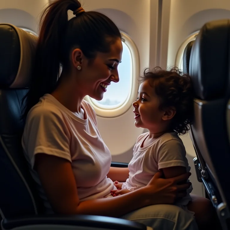 Mulher latina sorrindo e conversando com filho em assentos de avião