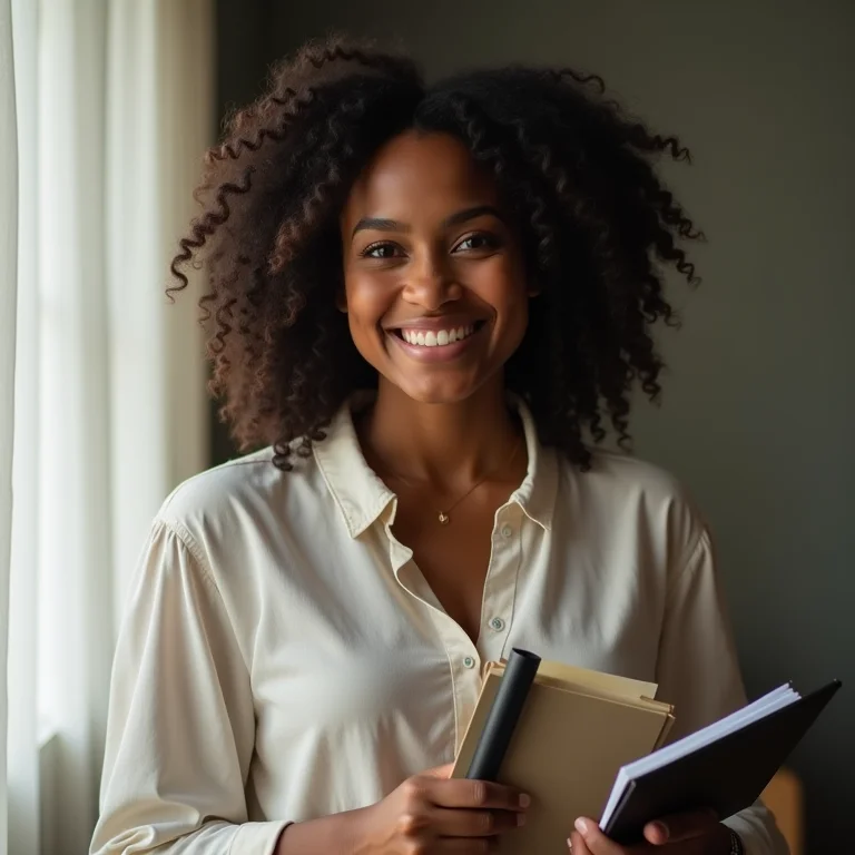 Mulher latina sorrindo e mostrando um diploma, representando suas conquistas.