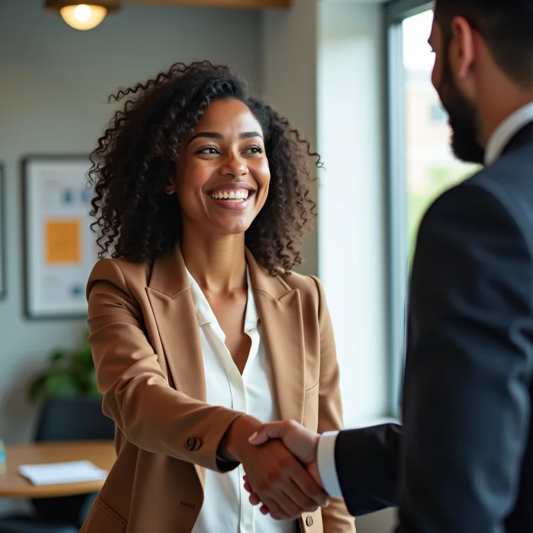 Mulher latina sorrindo enquanto aperta a mão de colega.