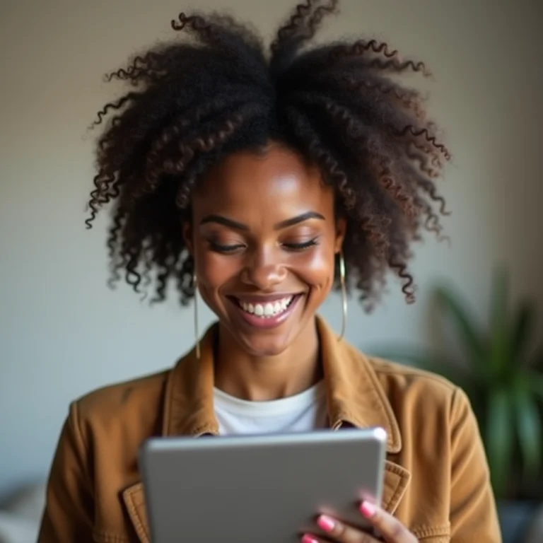 Mulher latina sorrindo enquanto gerencia as finanças de sua pequena empresa em um tablet.