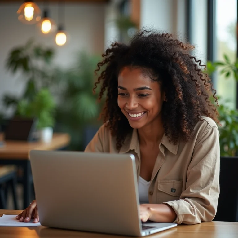 Mulher latina sorrindo enquanto programa em seu laptop