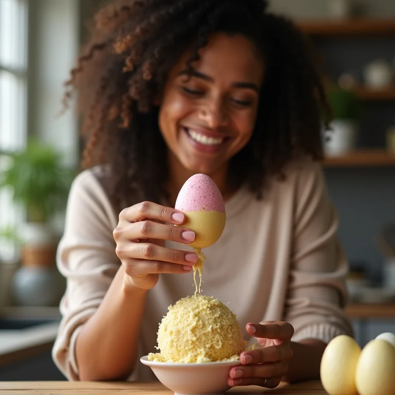 Mulher latina sorrindo enquanto recheia um ovo de Páscoa com brigadeiro