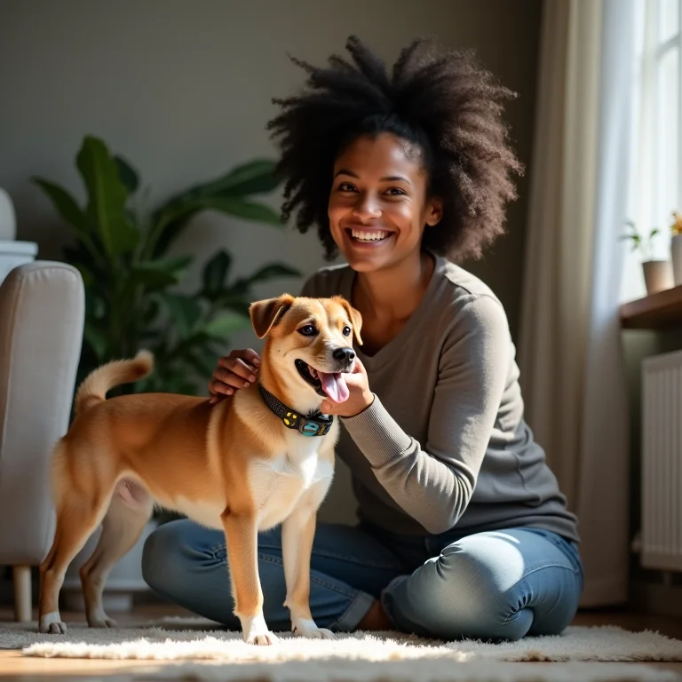 Mulher latina sorrindo enquanto treina cachorro em casa.
