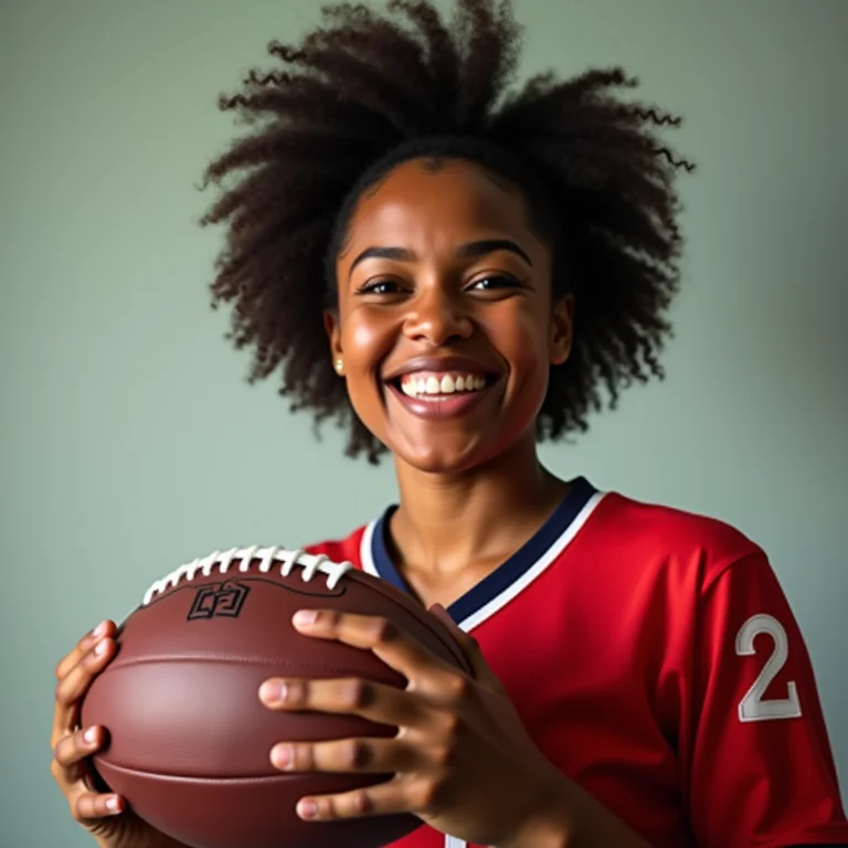 Mulher latina sorrindo, segurando uma bola de futebol e vestindo a camisa do time.