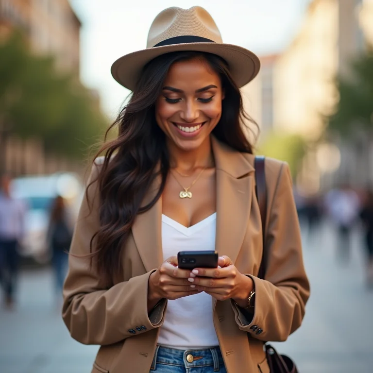 Mulher latina sorrindo usando smartphone com chip internacional em cidade estrangeira