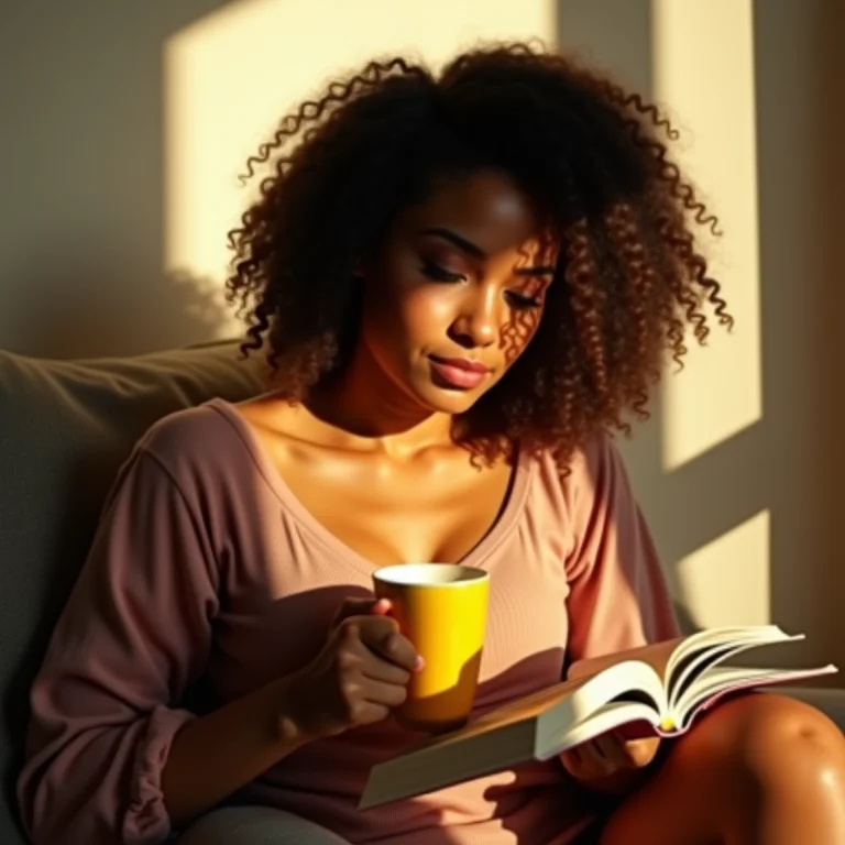 Mulher latina tomando Golden Milk e lendo