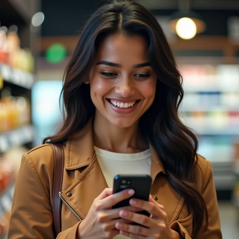 Mulher latina usando app de desconto no supermercado