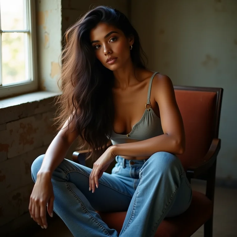 Mulher latina usando calça jeans Mother Denim.