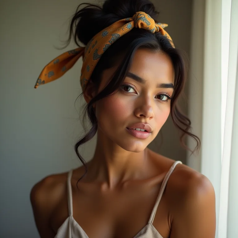 Mulher latina usando lenço estampado como acessório de cabelo