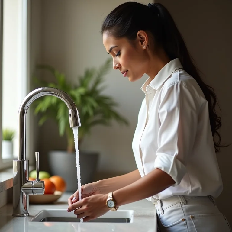 Mulher latina usando torneira monocomando