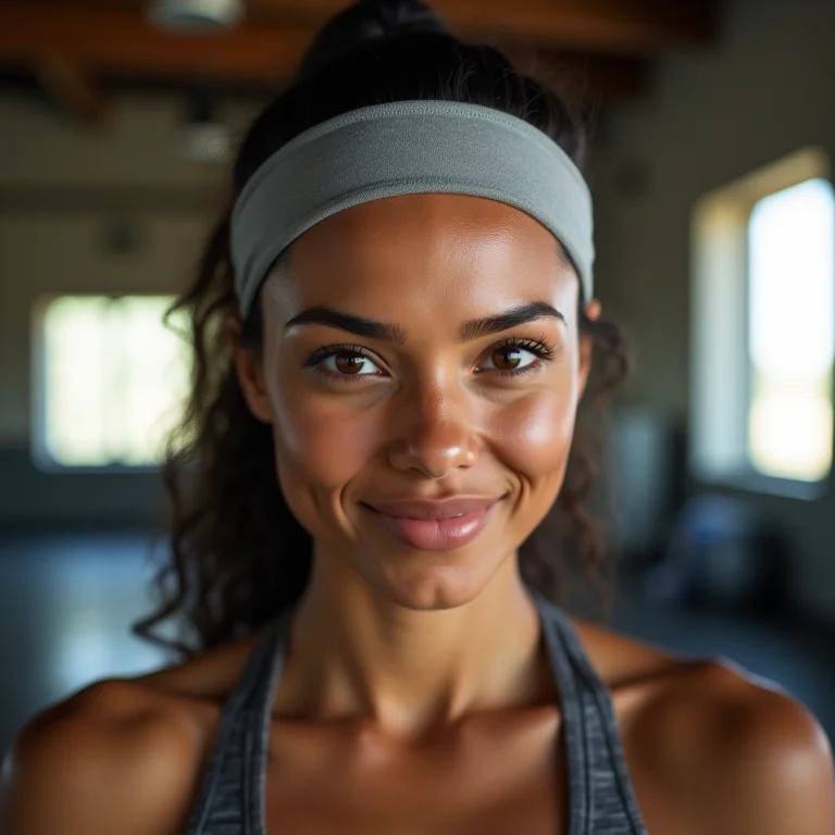 Mulher latina usando uma faixa de cabelo com tecnologia de absorção de suor.