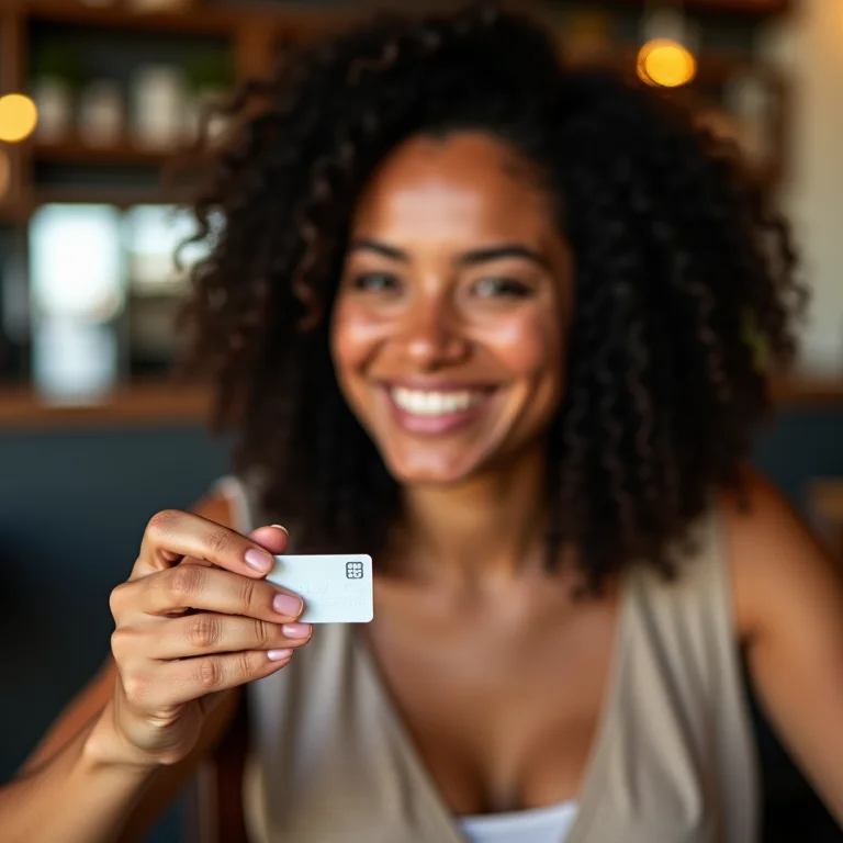 Mulher latina utilizando a maquininha PagSeguro Minizinha Chip 3 em um café.