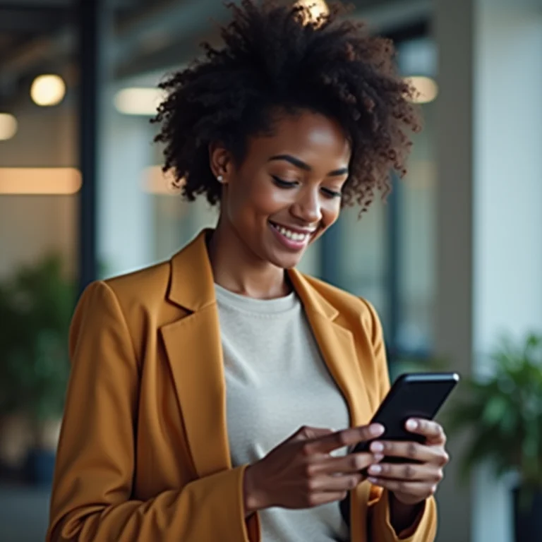Mulher latina utilizando aplicativo de controle de horas no celular.