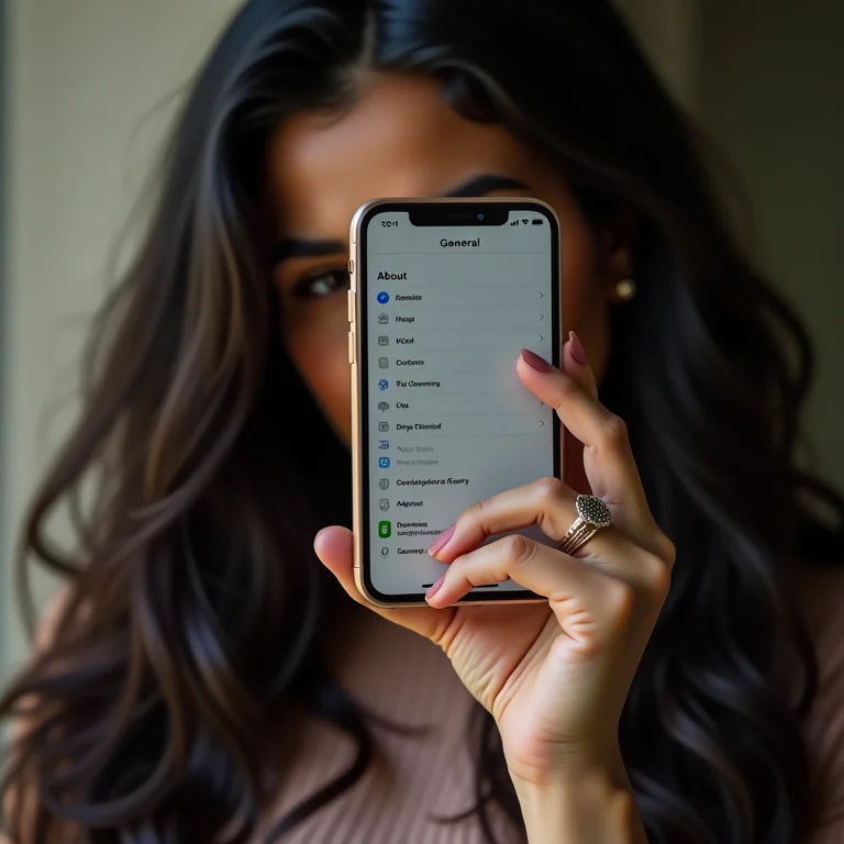 Mulher latina verificando o IMEI nas configurações do iPhone.