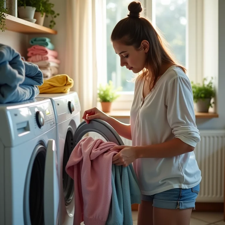 Mulher lavando roupa de forma inteligente para economizar.
