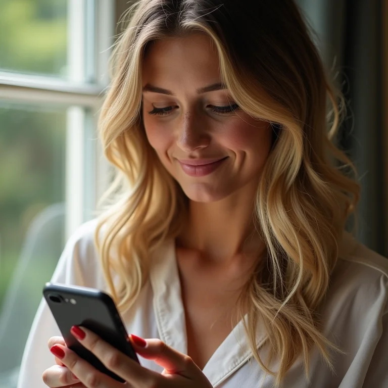 Mulher loira verificando avaliações de hotéis no celular