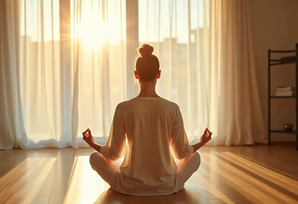 Mulher meditando em apartamento moderno e ensolarado