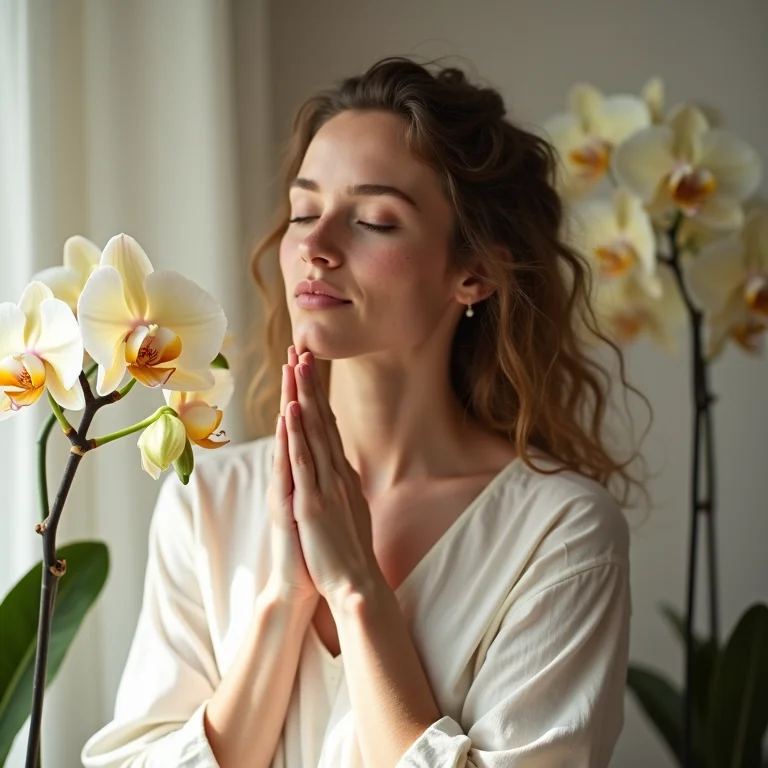 Mulher meditando perto de orquídea