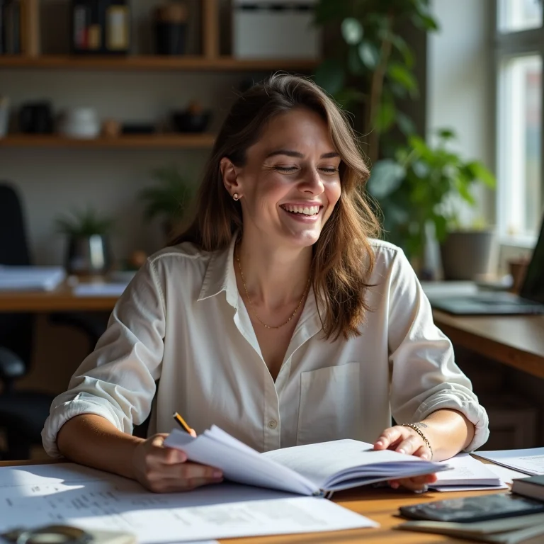 Mulher mid-size analisando projetos antigos