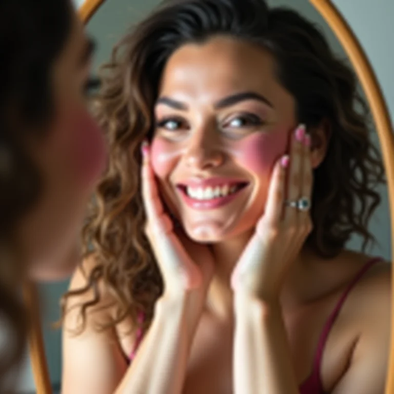 Mulher mid-size aplicando blush nas bochechas em frente ao espelho.