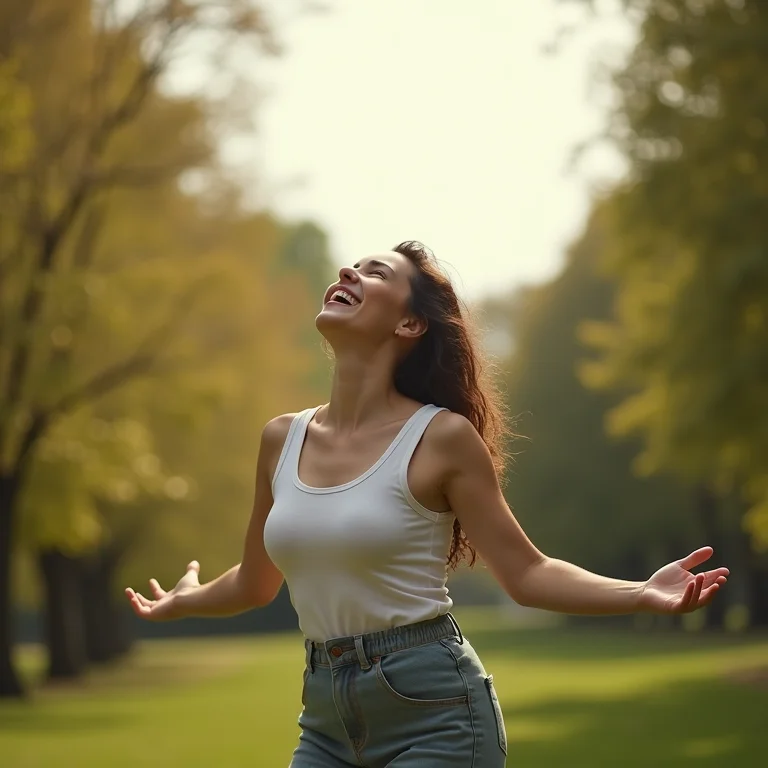Mulher mid-size com expressão alegre, olhando para o céu com os braços abertos em um parque