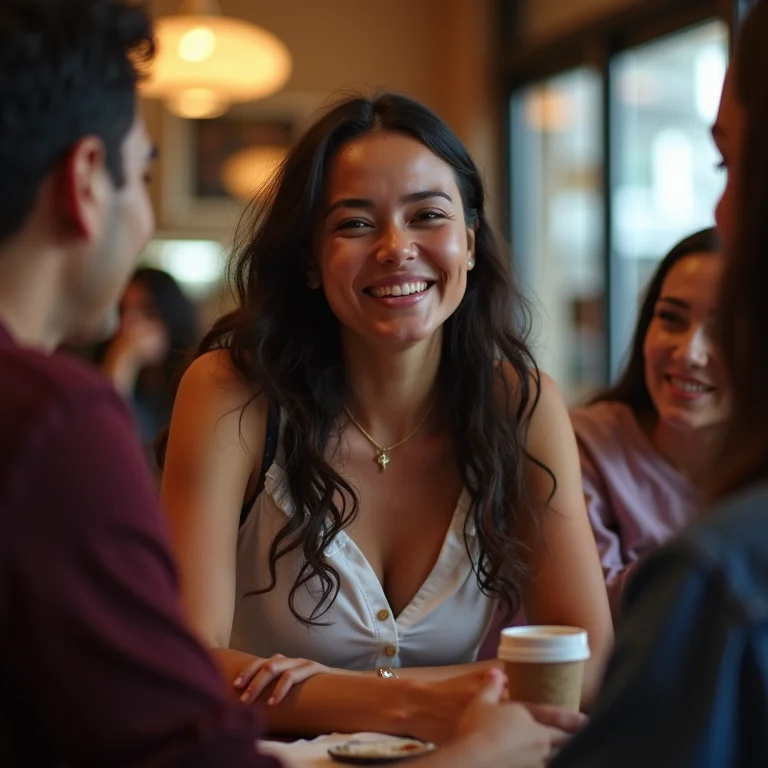 Mulher mid-size compartilhando opiniões sobre filmes de super-heróis com amigos.