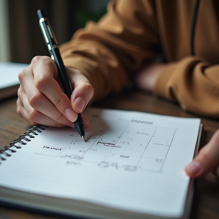 Mulher mid-size definindo um período para controlar as finanças em seu caderno.