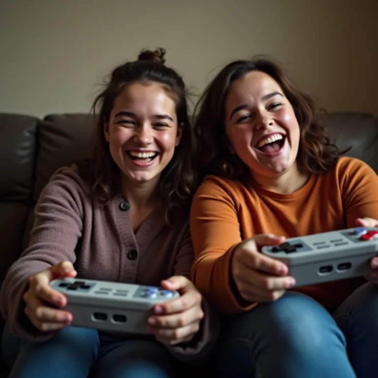 Mulher mid-size jogando Super Nintendo com amiga.