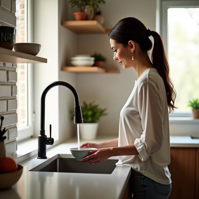 Mulher mid-size lavando louça com torneira de parede