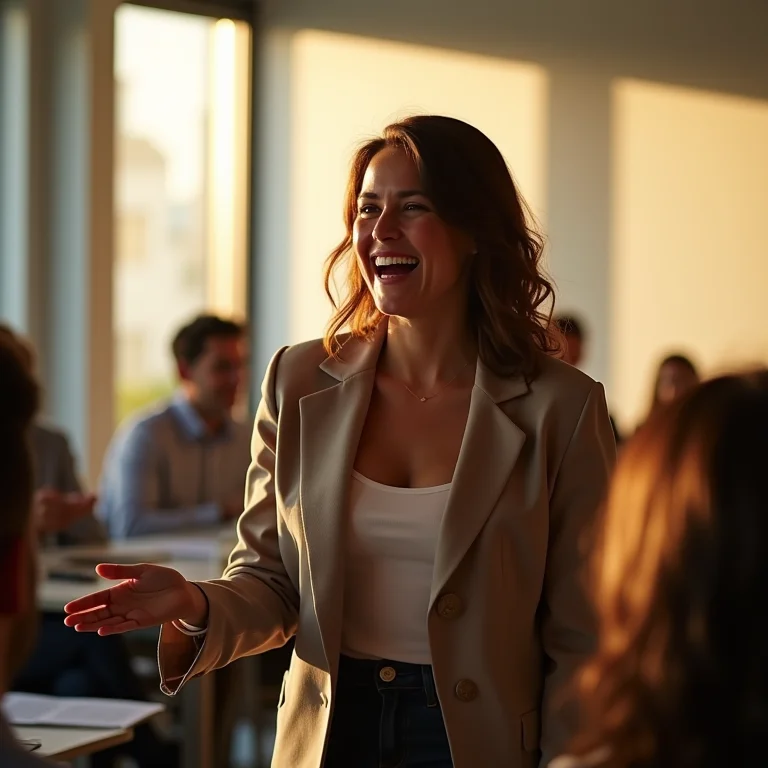 Mulher mid-size liderando uma apresentação com comunicação assertiva.